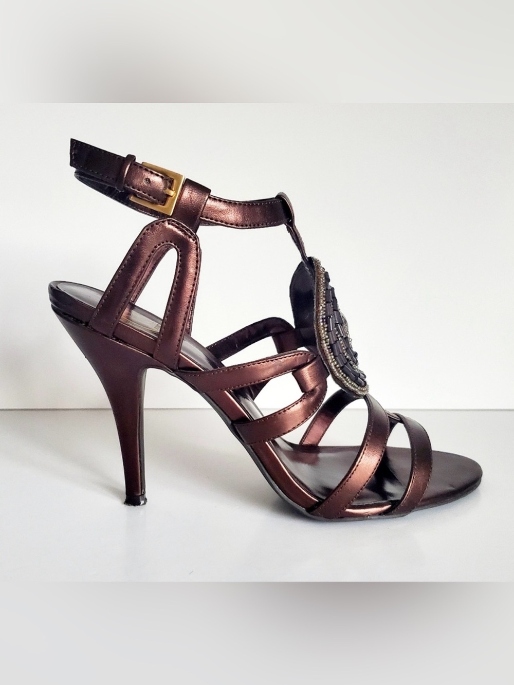 JESSICA SIMPSON Brown Matte Metallic Stilettos Strappy Beaded Medallion LIKE NEW